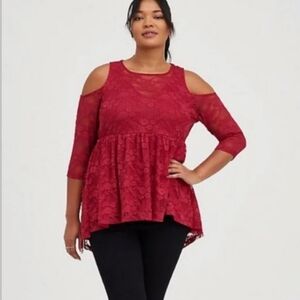 Torrid Babydoll Style Red Lace Off The Shoulder High Lo Top plus size 0